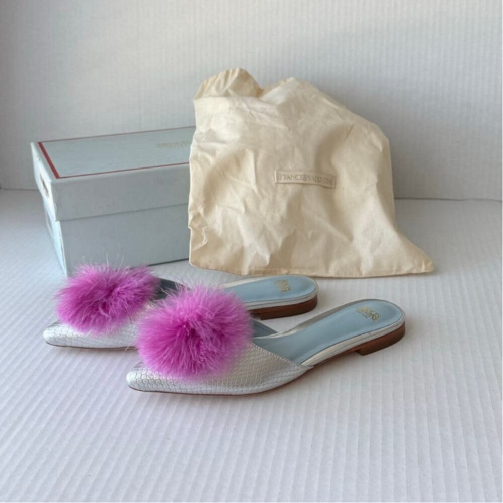 Frances Valentine Pauline Snake Embossed Pom Pom Mules Pink 6.5